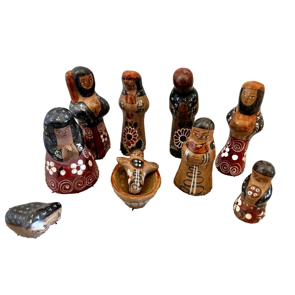 Mexican Tonala Pottery Nativity Set Holy Family Folk Art Signed Painted Floral